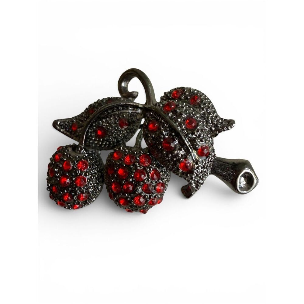 Vintage Red Rhinestone Cherry Brooch Pin Women Black Gunmetal Statement
